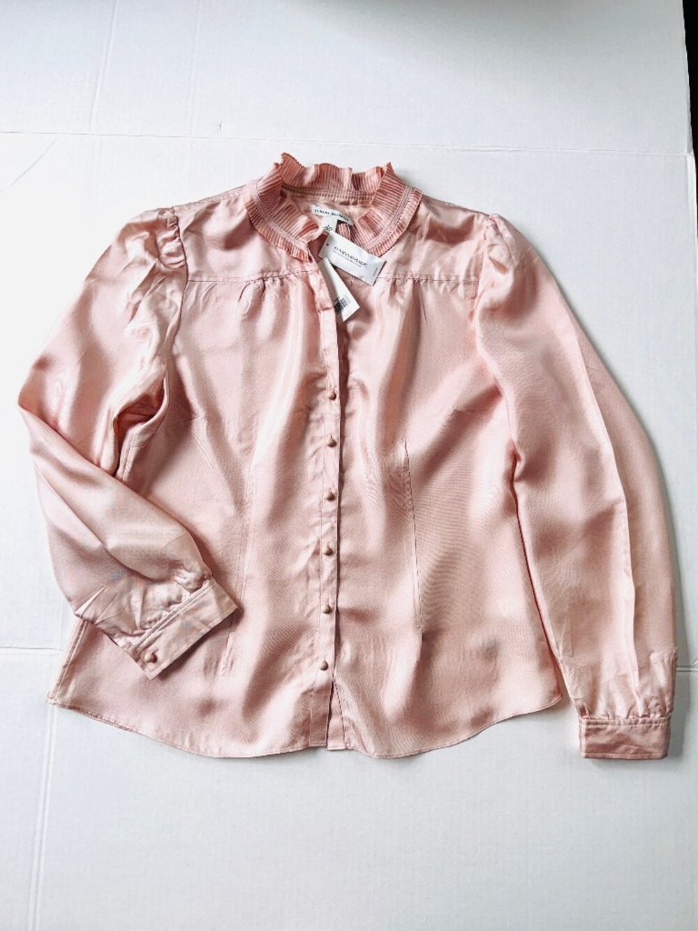 Banana Republic Pleated-Collar Blouse Pink Blush Silk Button Front Large NWT